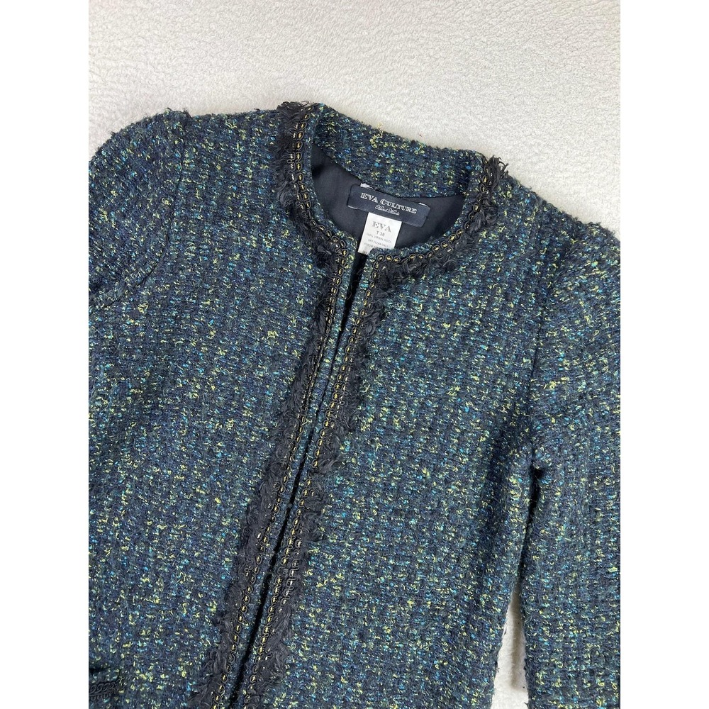 Eva Culture Womens 38 Blue Tweed Wool Zip Front 3/4 Sleeve Fringe Pocket Coat - Picture 3 of 7
